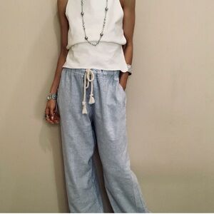 House of Harlow Blue and White Stripe Wide Leg Linen Blend Pants Sz M